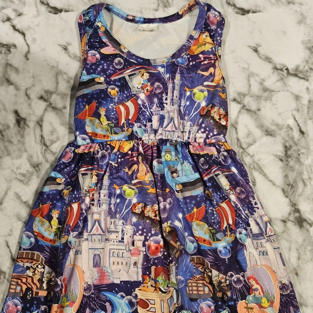 Girls Purple Boutique Milk Silk Dress Size 5/6  Amusement Park Character Print‎
